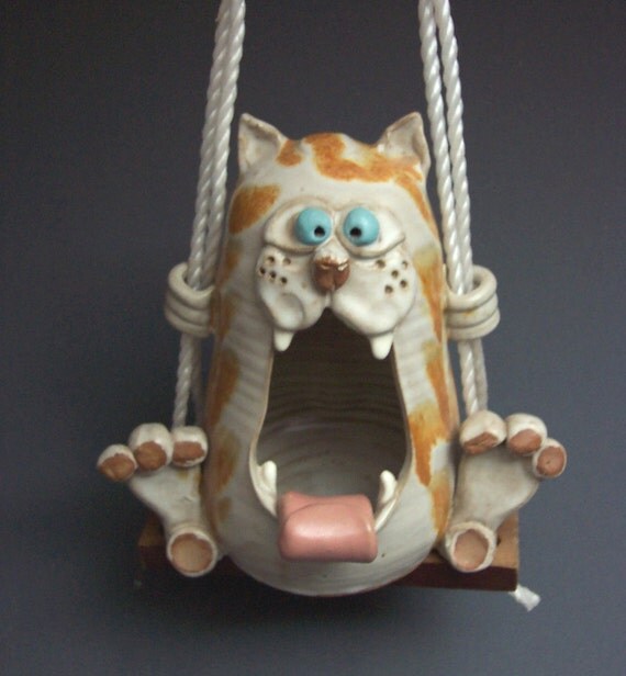 birdfeeder stoneware swinging cat bird feeder by wildmud birdfeeder stoneware swinging cat bird feeder by wildmud