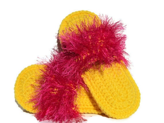 Yellow Crocheted Slippers with Hot Pink Fur - Flip Flop Footwear - Indoor Comfortable Shoes with Eyelash Yarn - JensTangledThreads