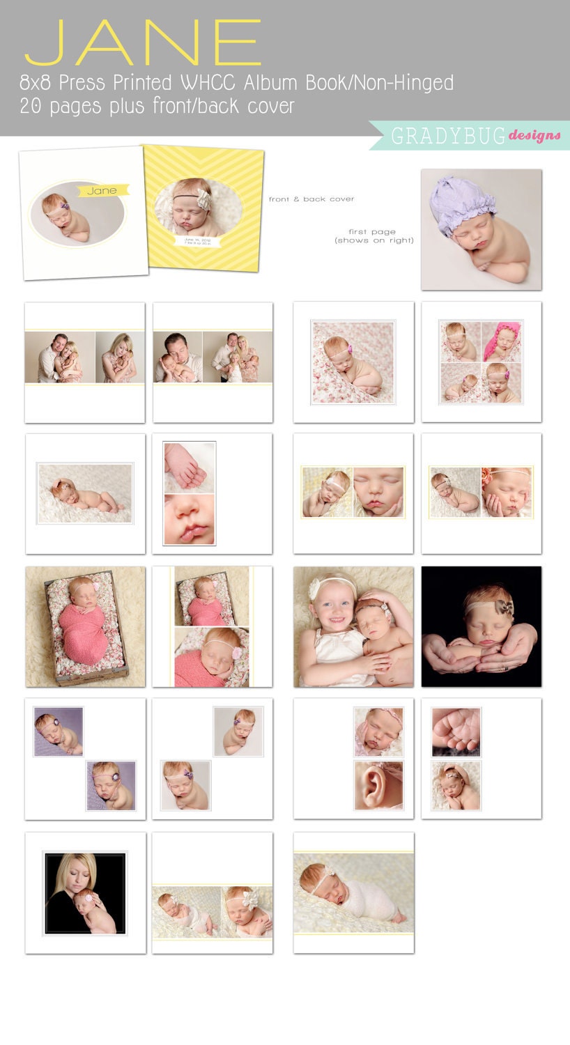 JANE - 8x8 Book/Non-Hinged Template - WHCC Specs - Templates for Photographers - Newborn Book