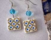 Portugal  Antique Tile Replica Earrings,  Yellow and Blue- AVEIRO  - waterproof and reversible