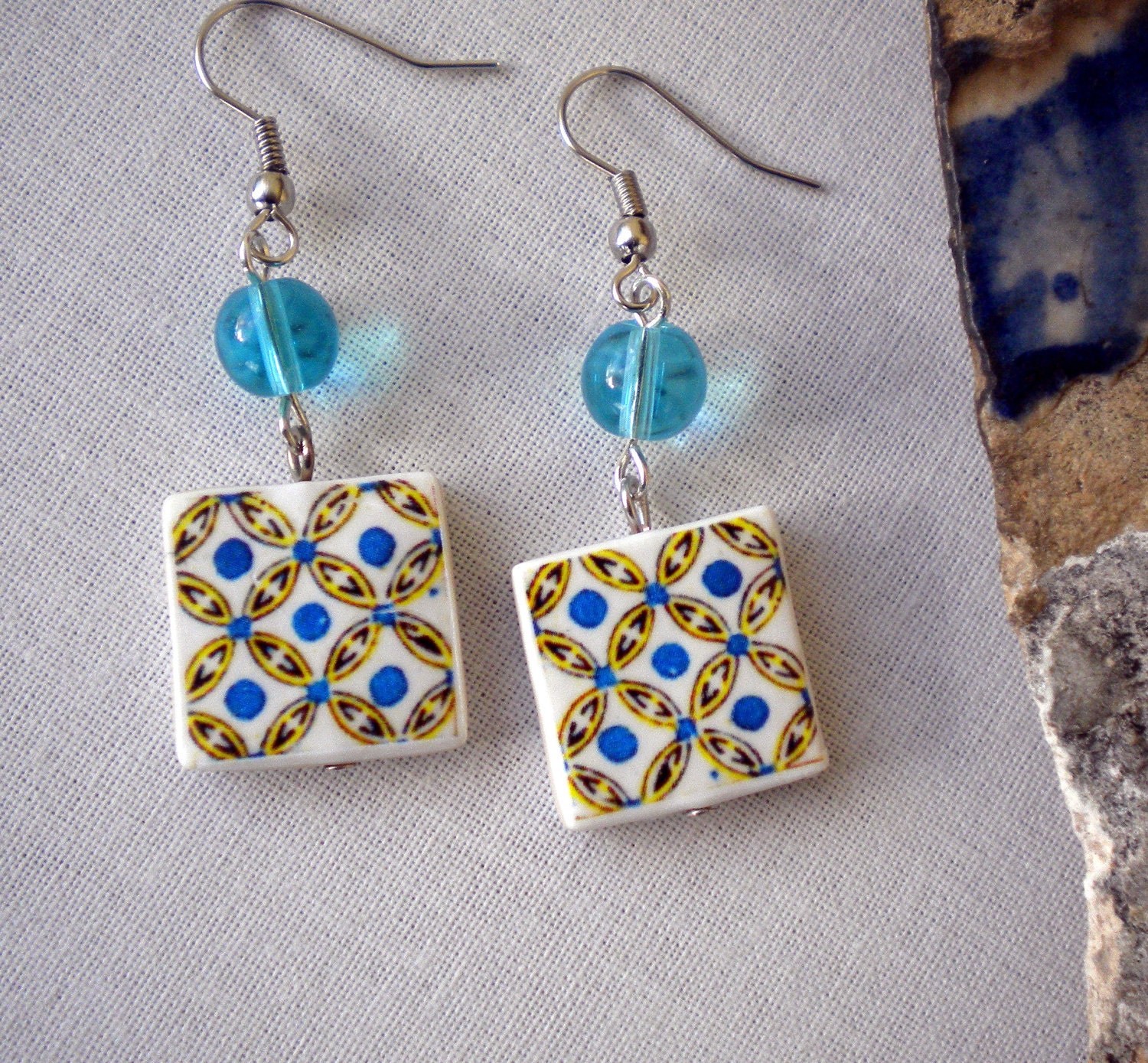 Portugal  Antique Tile Replica Earrings,  Yellow and Blue- AVEIRO  - waterproof and reversible