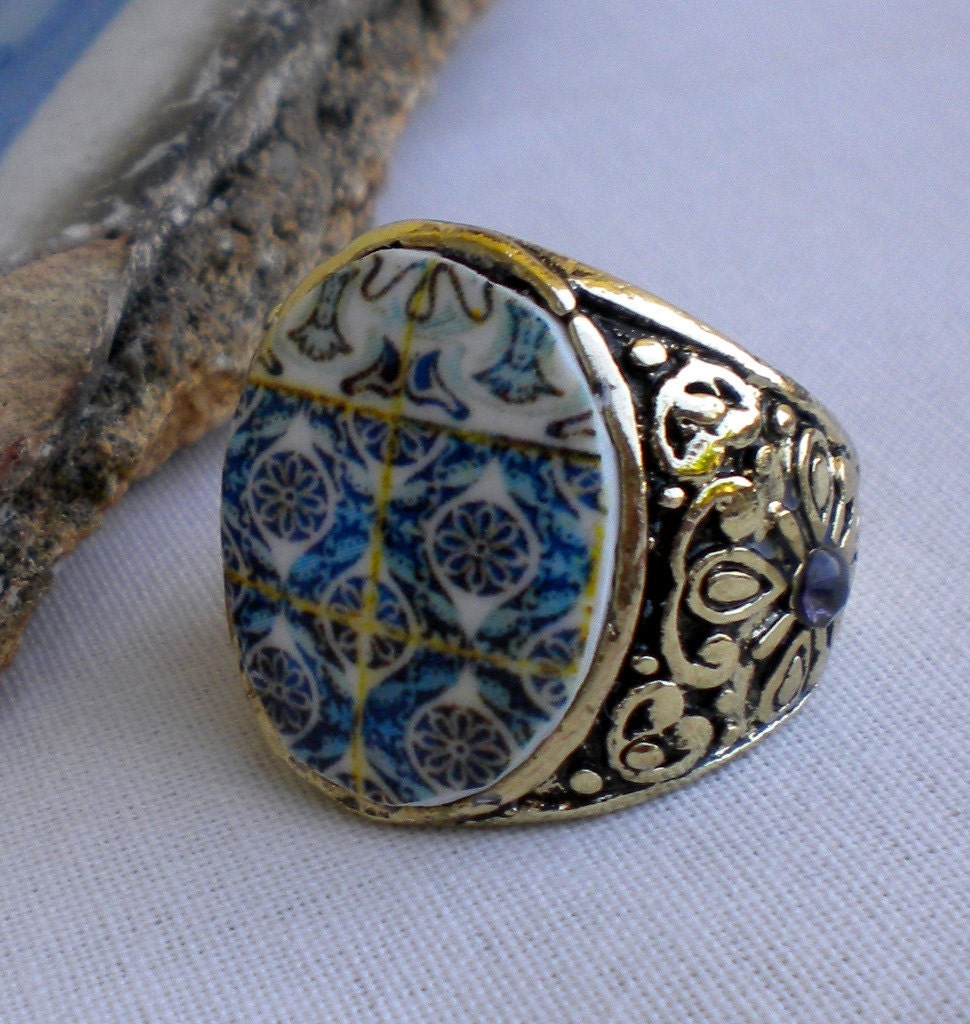 Portugal  Antique Tile Replica Ring,  Ilhavo, BLUE size M