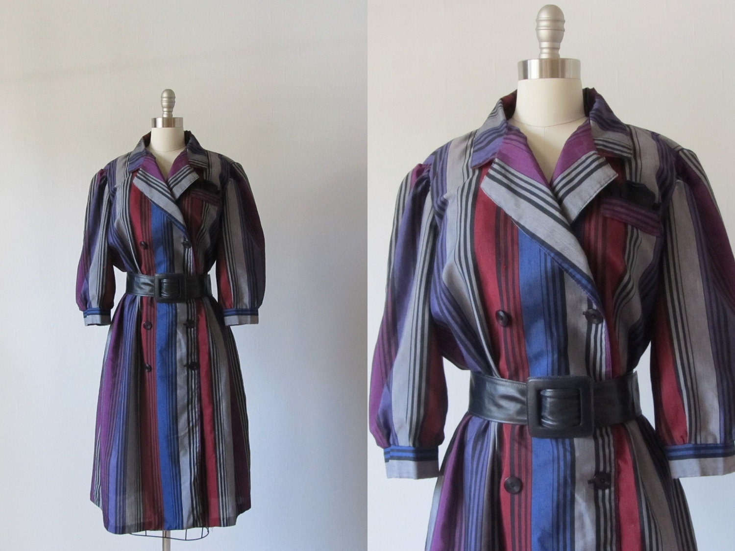 Shirtwaist Dress / Striped Shirtwaist Dress in Jewel Tones / 1980s Secretary Dress