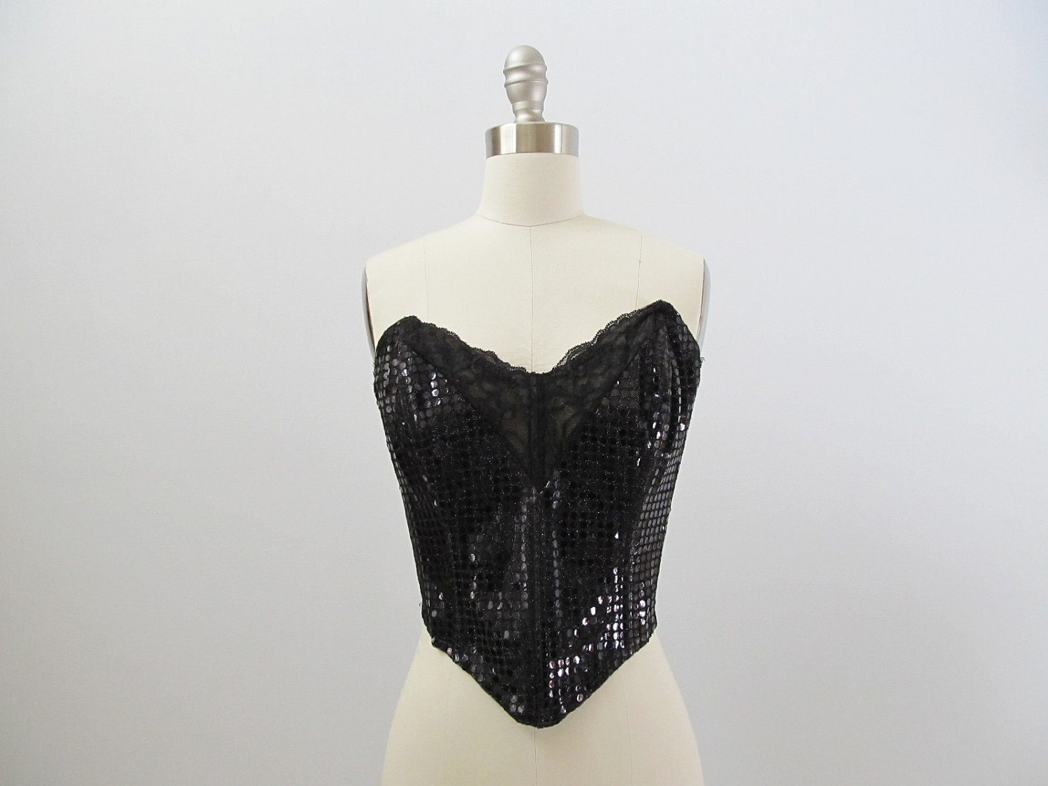 vintage Bustier / Black Corset / Sequins and Lace / Material Girl
