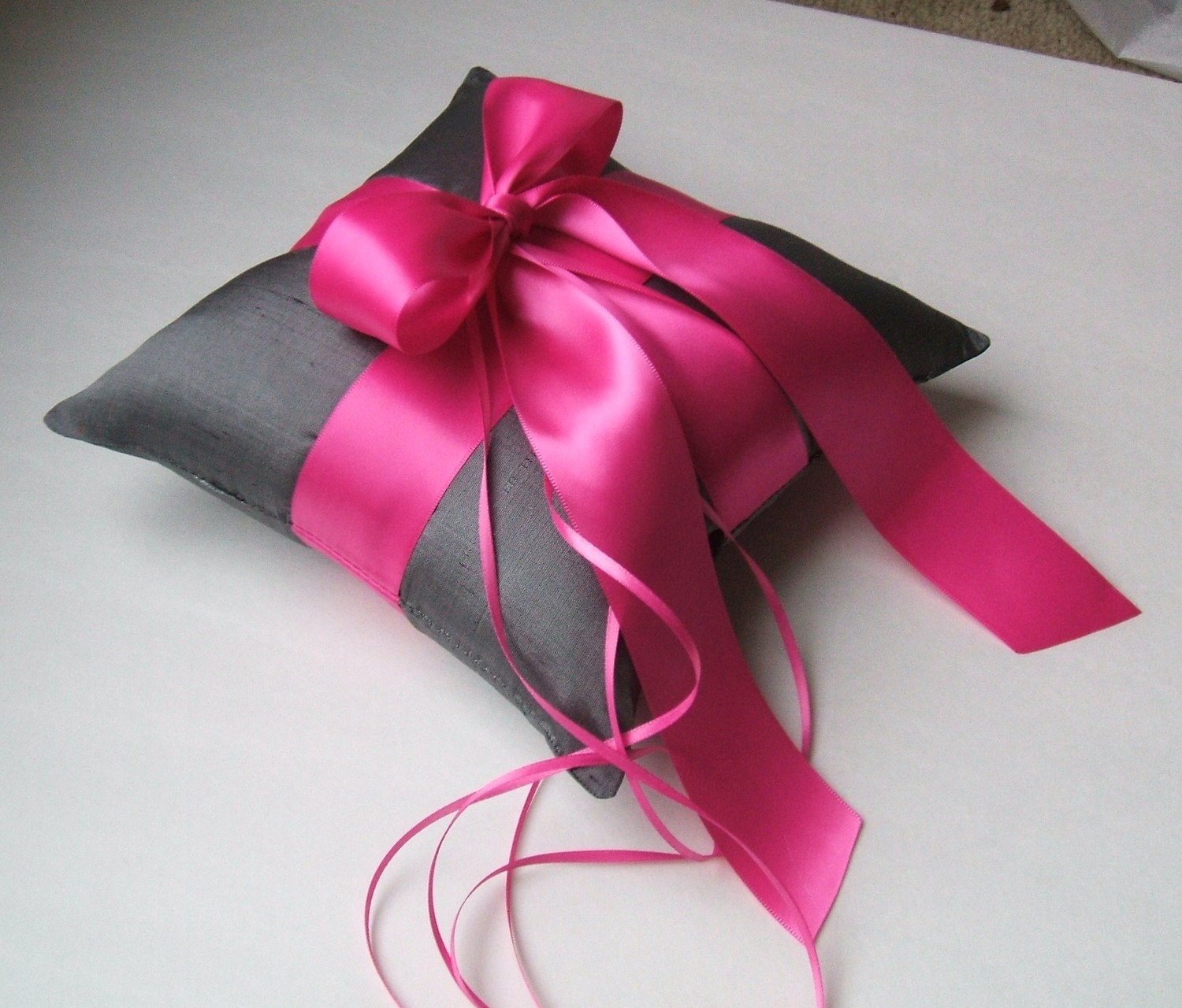 Romantic Dupioni Silk Ring Bearer Pillow...You Choose the Colors...Buy One Get One Half Off...shown in deep grey pewter/fuschia hot pink - RomancingJuliet