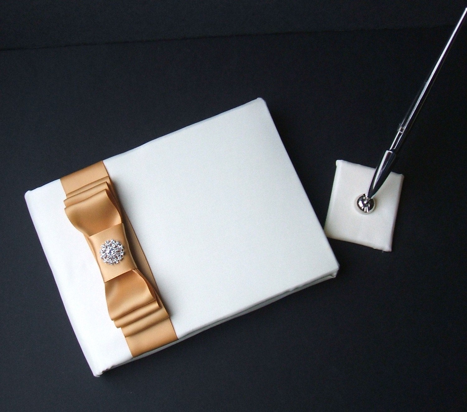 Romantic Satin Wedding Guest Book and Pen Set with Rhinestone Accent...You Choose the Satin Colors.... shown in ivory/gold