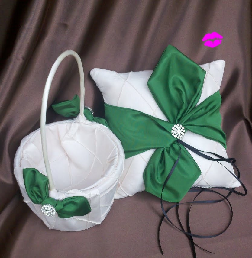 Pintuck Taffeta Diamonds Knottie Style Ring Bearer Pillow and Flower Girl Basket Set in Ivory with Kelly Green Accents..Many Colors Available..