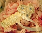 Dupioni Silk and Satin Flower Trio Ring Garter with Vibrant Rhinestone Accents...Shown in Creme Ivory..50 Plus Colors Available