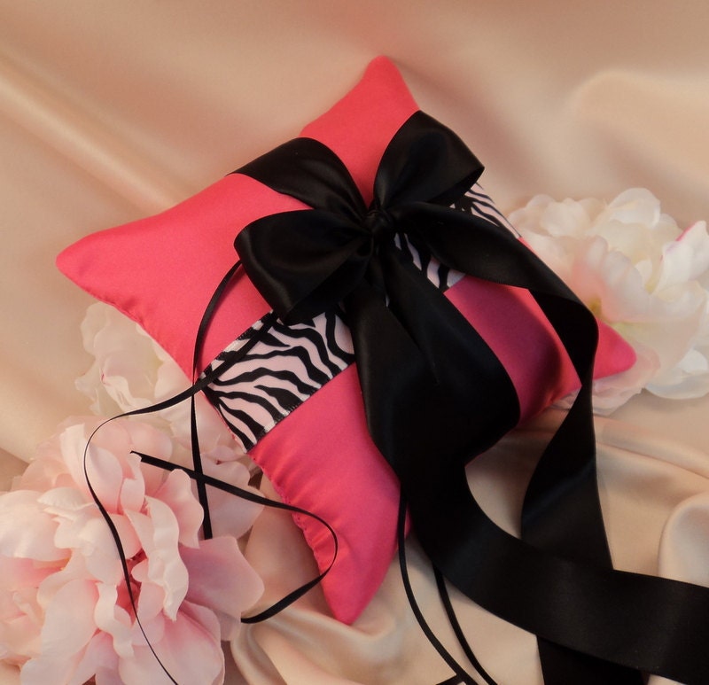 Zebra Accent Romantic Satin Ring Bearer Pillow...You Choose the Pillow and Solid Ribbon Colors...Buy One Get One Half Off..shown in hot pink