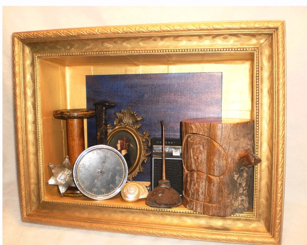 Nostalgia Assemblage Collage Mixed Media Vintage Table or Wall Shadow Box Art Work Free Shipping