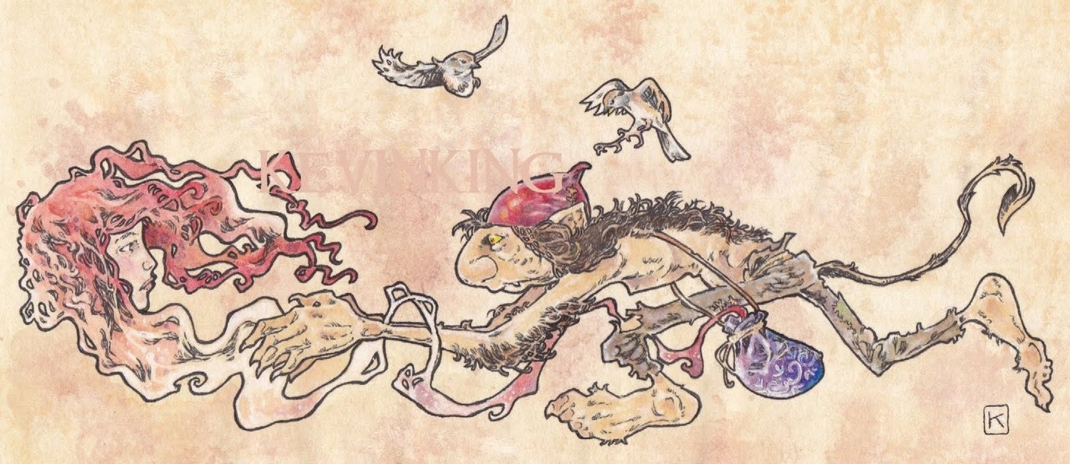 The Red Faerie Escapes Illustration Drawing Original Art Canvas Cloth Print by Kevin King