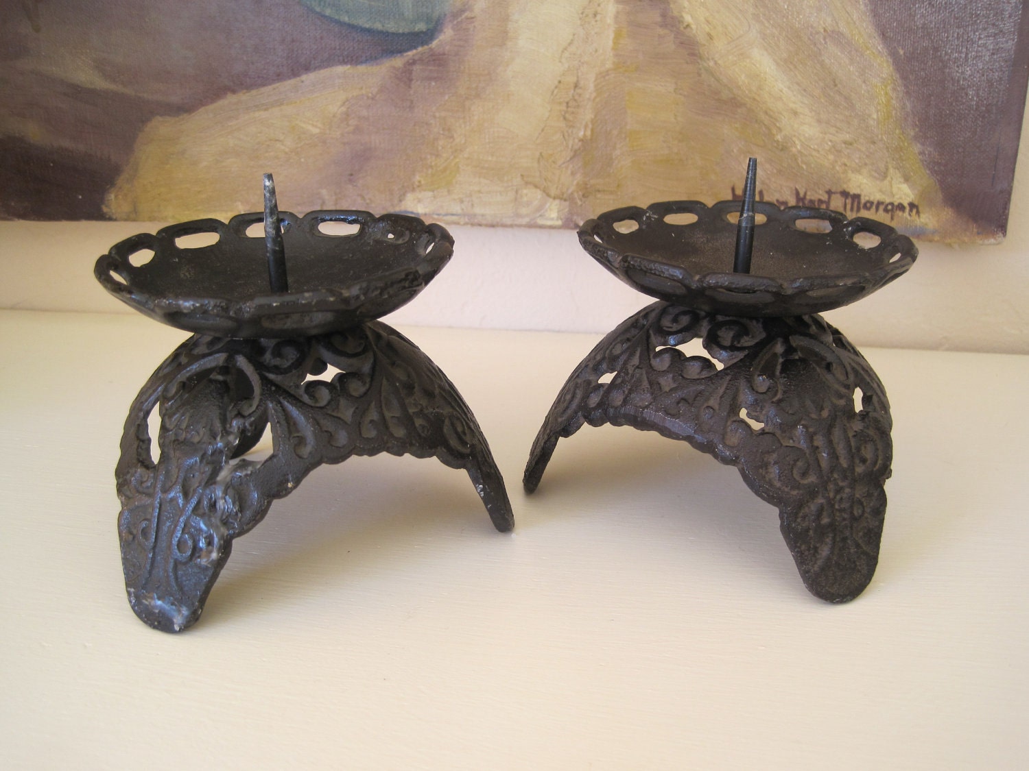 Vintage Black Cast Iron Candle Holders Made in Japan Pillar Style Candle