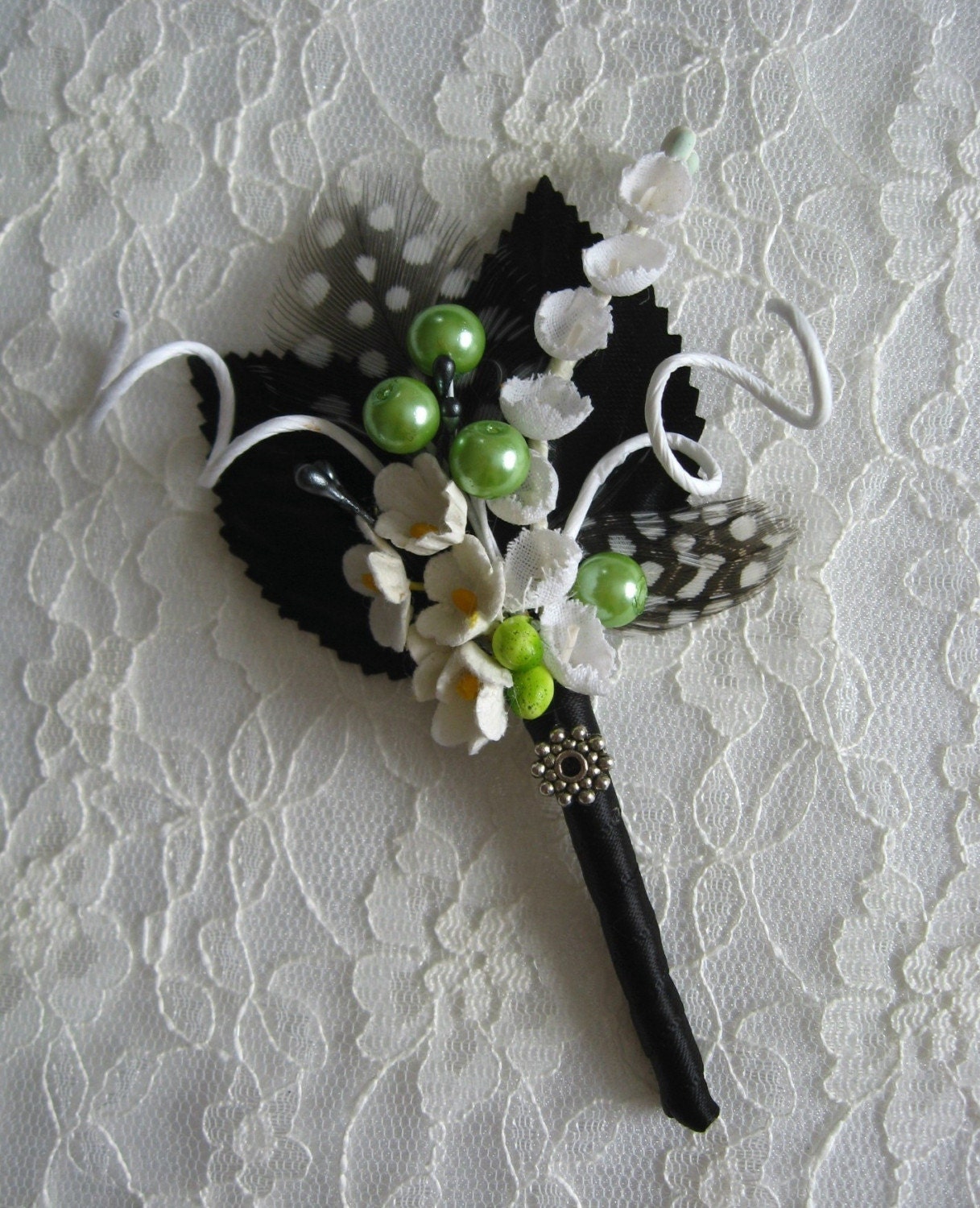 Vintage Style  -  Black, White and LIME Boutonniere.