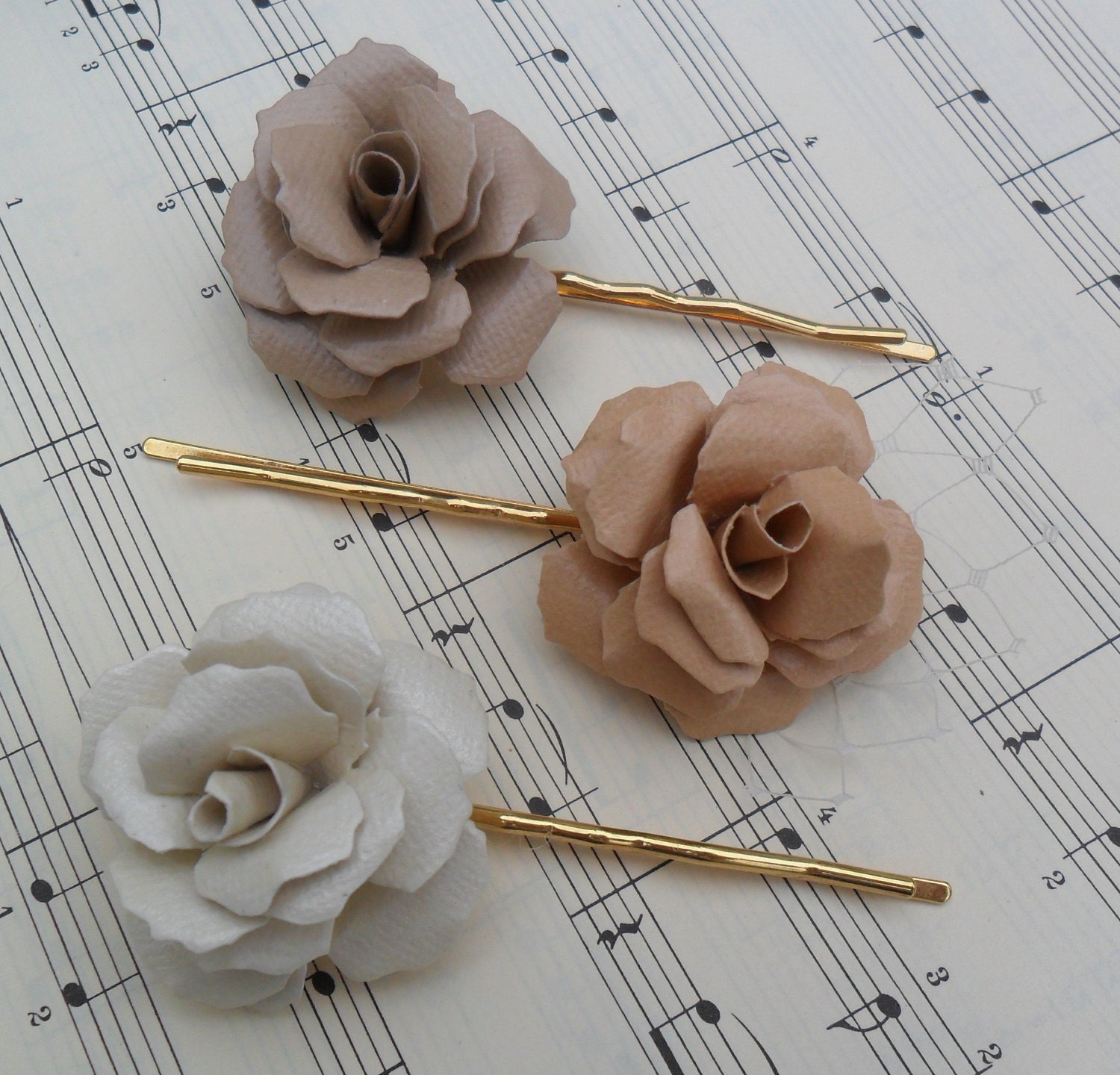 NEW - shabby chic/vintage style hair pins with handmade flowers - set of 3 - can be made in any colour