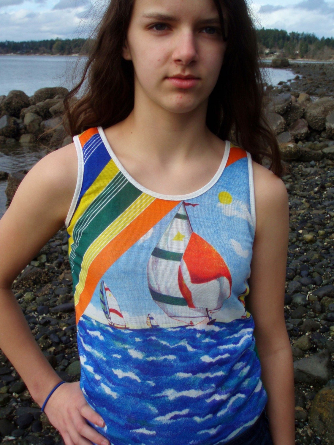 70's Vintage Sailboat Sleeveless Shirt XS