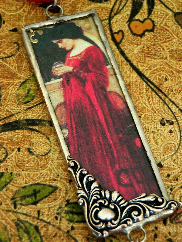 SOLDERED GLASS NECKLACE "The Crystal Ball" Waterhouse Vintage Pre-Raphaelite Image Double Side Microscope Slide Pendant