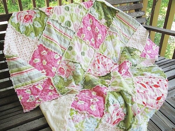 Picnic Quilt Throw, Rag, Nicey Jane, shabby pink green, ALL NATURAL, fresh modern handmade