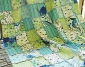 Queen Size Quilt, Rag, Wrenly, blue green, ALL NATURAL, fresh modern handmade