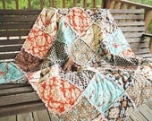 Picnic Quilt Throw, Rag, Aviary 2 in bark, ALL NATURAL, fresh modern handmade home decor