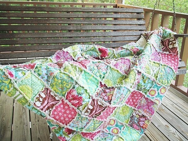Rag Quilt Throw, Large, Soul Blossom in joy,  ALL NATURAL, fresh modern handmade