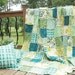 Queen Size Quilt with 2 Shams, Rag, Magnolia Lane, blue green cottage look, ALL NATURAL, fresh modern handmade