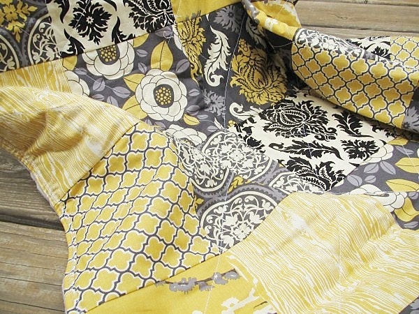 Minky Crib Quilt, Aviary 2 in granite, black grey silver yellow, PLUSH for baby, fresh modern handmade children