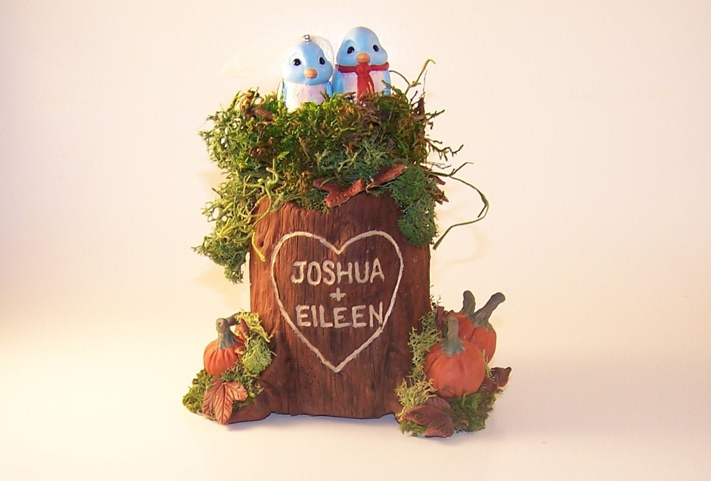 Medium Custom Personalized Wedding Cake Topper Tree Stump Keepsake Sculpture Example - Bluebirds and Pumpkins - Joshua and Eileen