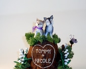 Small Custom Wedding Cake Topper Tree Stump Sculpture Keepsake Example - Twilight Wolf Cubs and Lily of the Valley - Tommy and Nicole