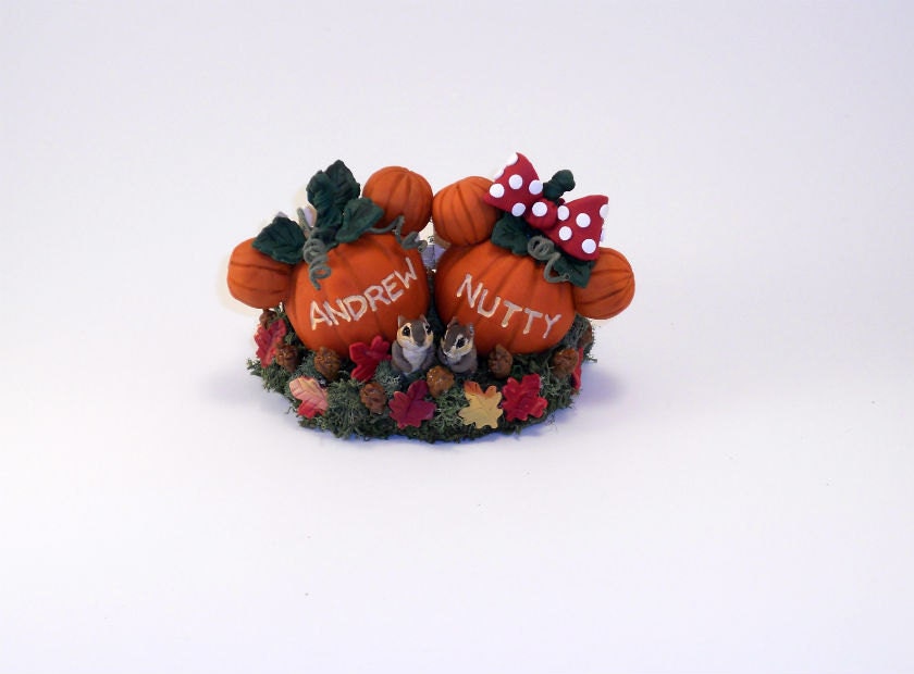 2 Small Custom Disney Mickey and Minnie Inspired Pumpkins Wedding Cake Topper Keepsake with Squirrels - Andrew and Nutty