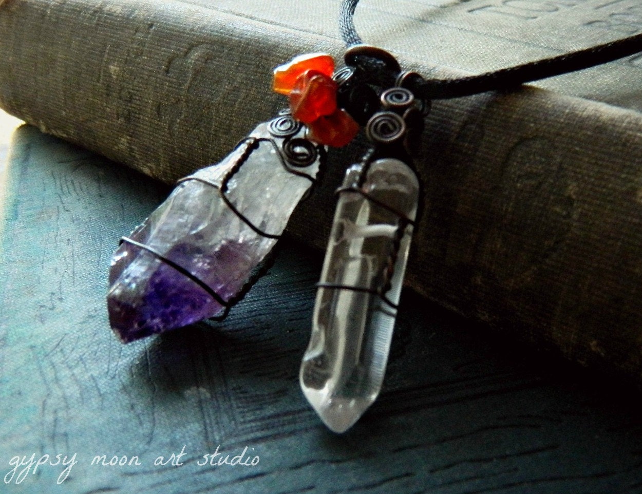 Raw Amethyst and Quartz Crystal Point Pendant.  Copper Wire Wrapped Amethyst Necklace with Quartz Crystal and Carnelian.