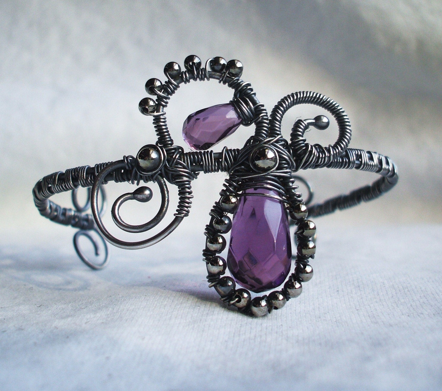 Wire Wrapped Cuff Bracelet Sterling Silver and Purple. Daydreams.