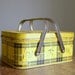 Vintage 1950s Metal Nesco Picnic Basket .. Yellow and Black Plaid