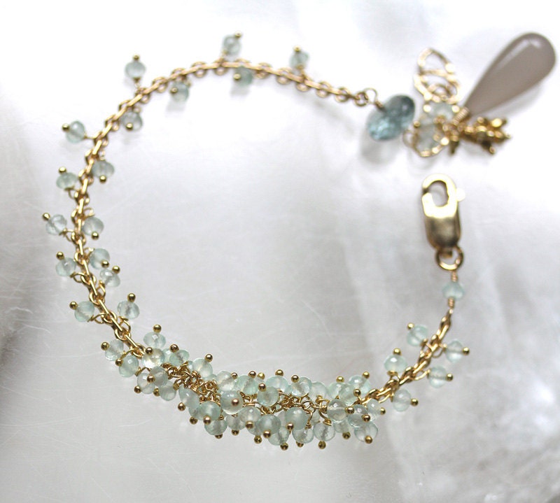 Aqua Green Gold Filled Cluster Bracelet Aquamarine Chalcedony Gray Moonstone  - Madrigal