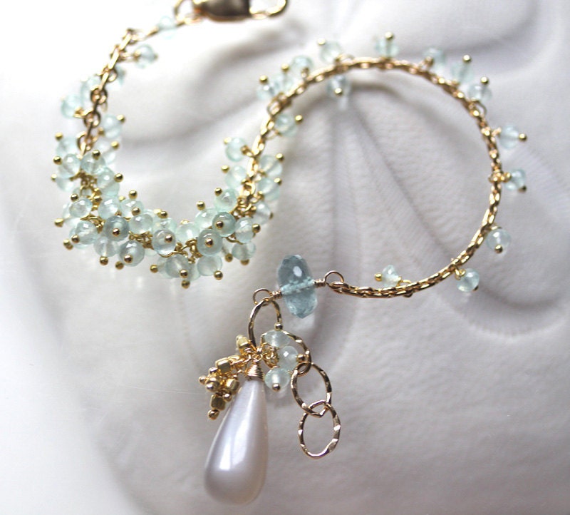 Aqua Green Gold Filled Cluster Bracelet Aquamarine Chalcedony Gray Moonstone  - Madrigal