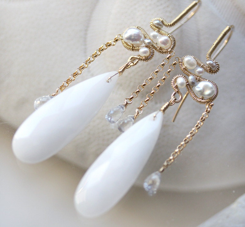 White Sapphire Agate Pearl Long Gold Earrings - Fleur de Sel