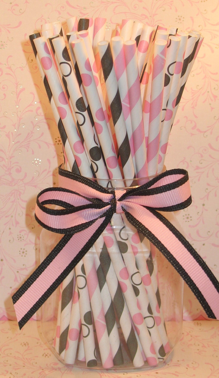 Bubble Gum Pink and Black Striped and Dotted Paper Straws DIY Flag Toppers  (24)