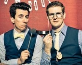 Currently featured in BRIDES Magaize. Geek Chic - Mustache, Bow Tie, and Geek Glasses on a Stick -  Three Peice Photobooth Prop Set
