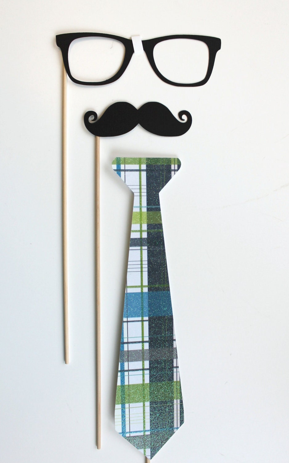 Photobooth Props on a Stick - Tie one One - Neck tie, Mustache, Glasses on a Stick Set of Three
