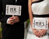 Photo Booth Prop. Wedding Photo Prop. Mr. and Mrs. and Thank You Retro Double Sided Paddle Signs . Fan