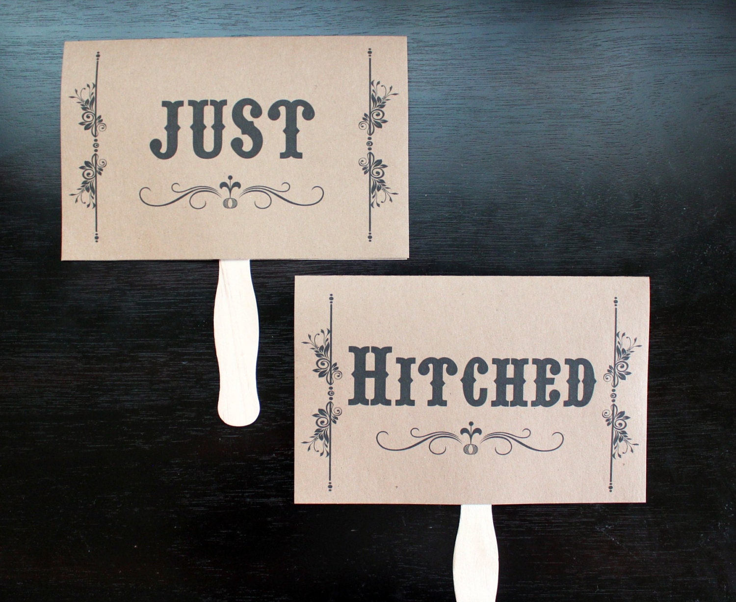 Just Hitched and Mr. and Mrs. Kraft Double Sided Paddle Signs . Fan