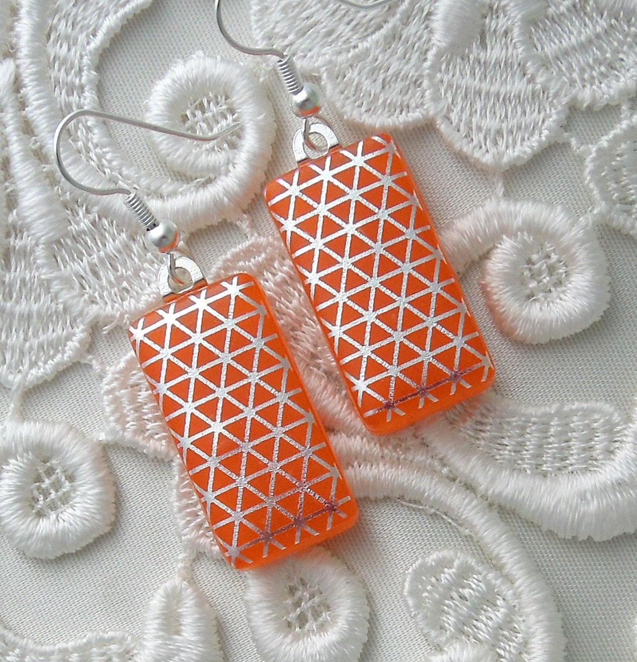 Dichroic Glass, Glass Earrings, Fused Glass, Dichroic Earrings, Retro, Orange Earrings X8548