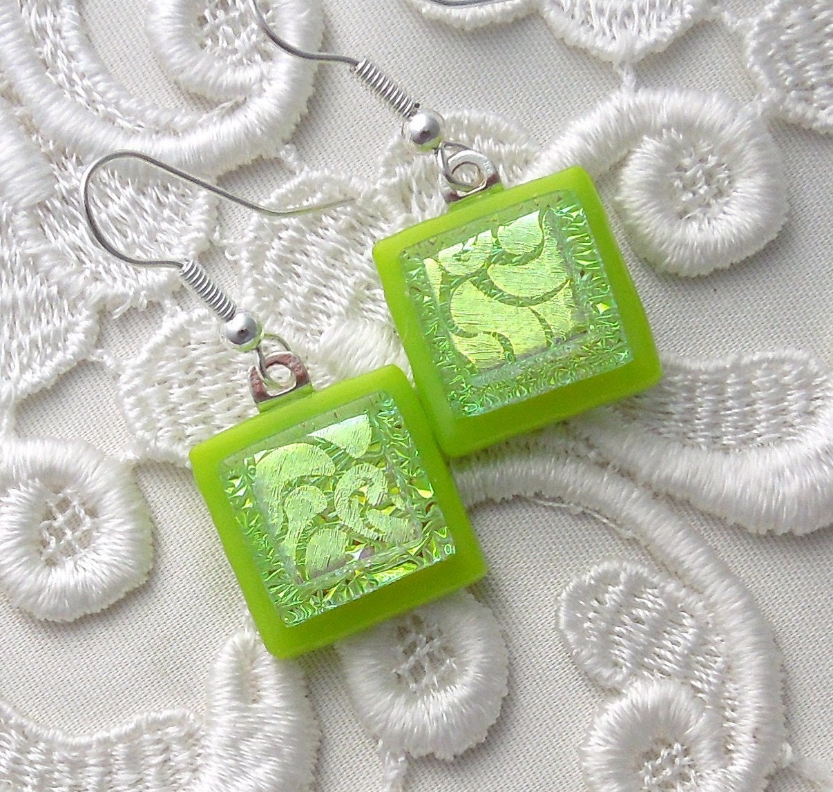 Green Earrings, Dichroic Fused Glass Earrings X6664