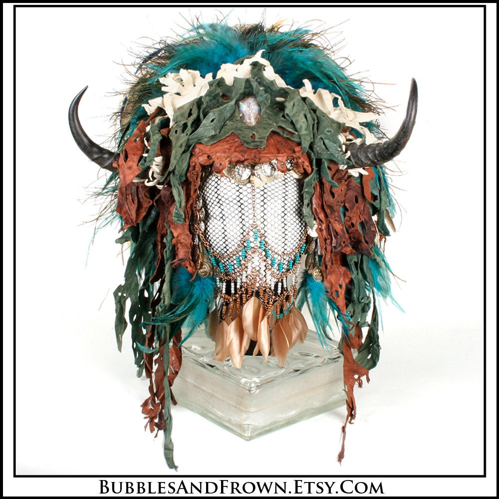 Wild Thing... Huge Feather Headdress in Aqua with Springbok Horns