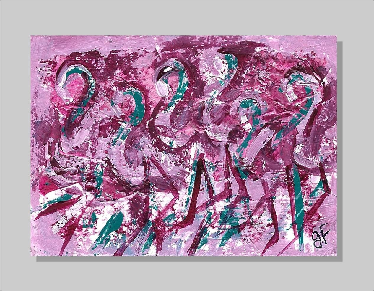 Original aceo modern art Flurry of Pink Flamingos contemporary art
