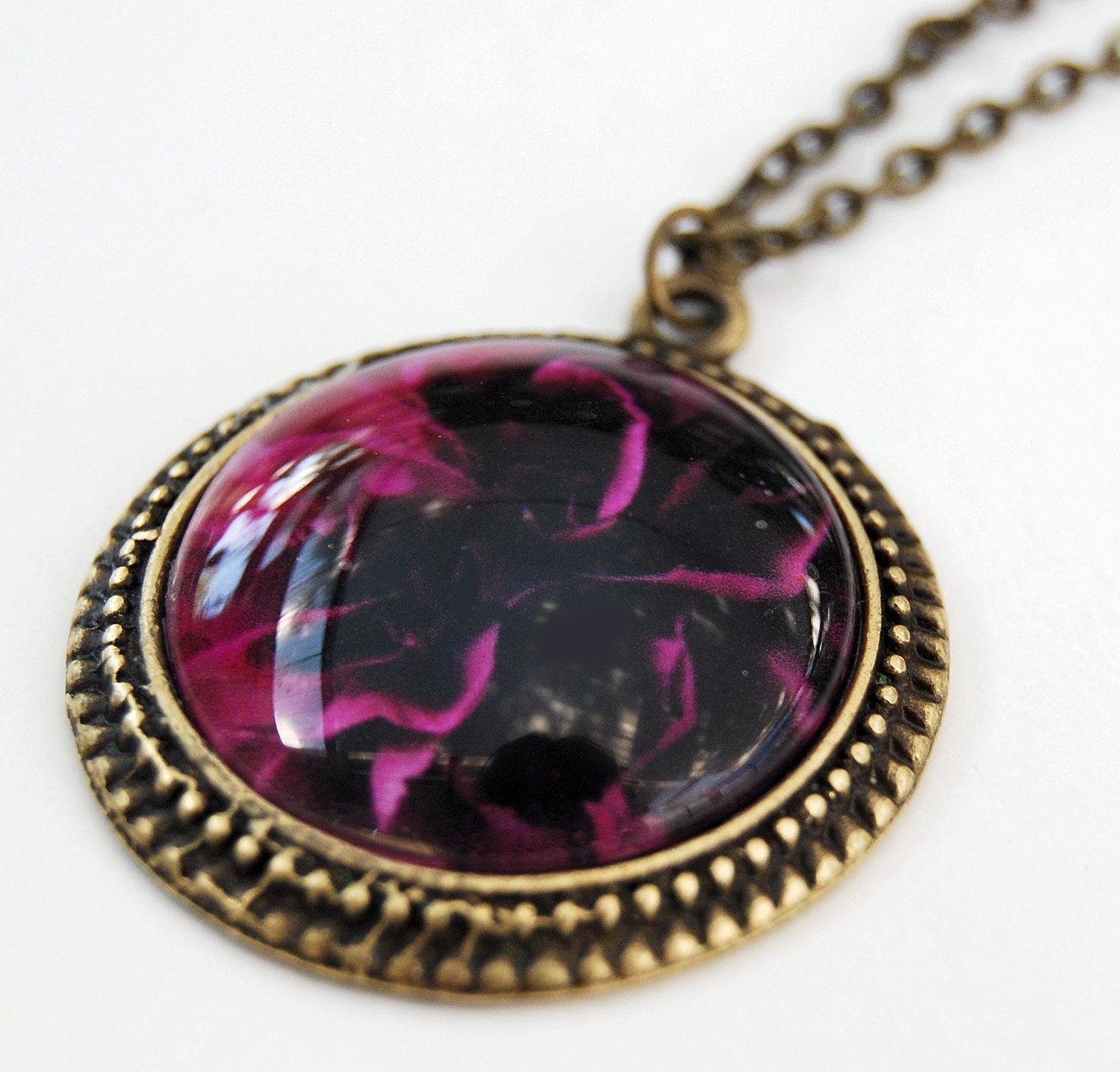 Photo Pendant necklace with burgundy flower print - wearable art - moroon