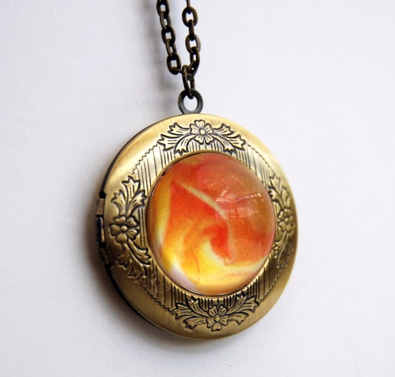 Locket Pendant with yellow rose print Victorian Brass necklace glass dome