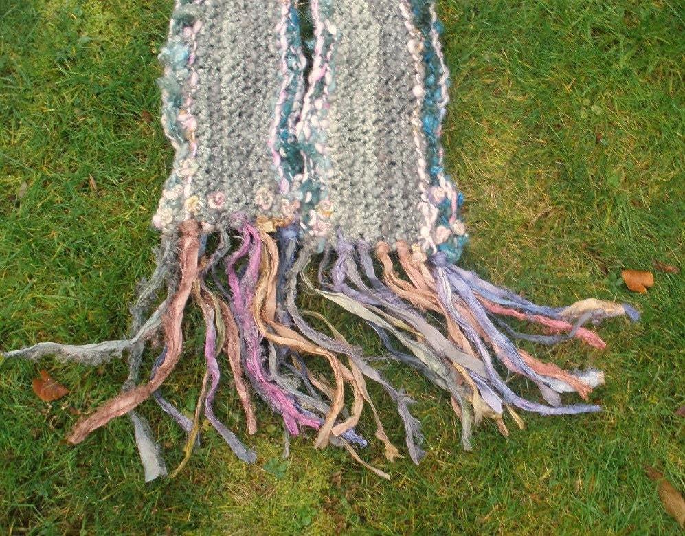whispers in her watercolour world - rustic handknit scarf of beautiful softness from the forest - on sale