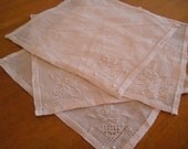 Set of four antique linen embroidered cocktail napkins