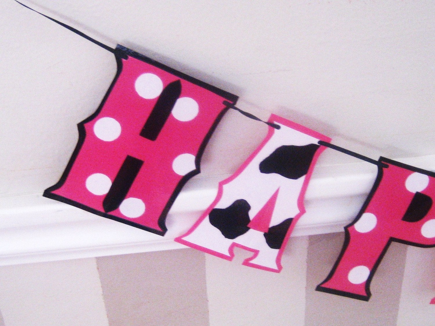 HAPPY 1ST BiRTHDAY Banner - Hot Pink MiNNIE and COW PRiNT Il_570xn