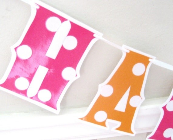 HAPPY BIRTHDAY Banner - pink and orange polka dots Il_570xn